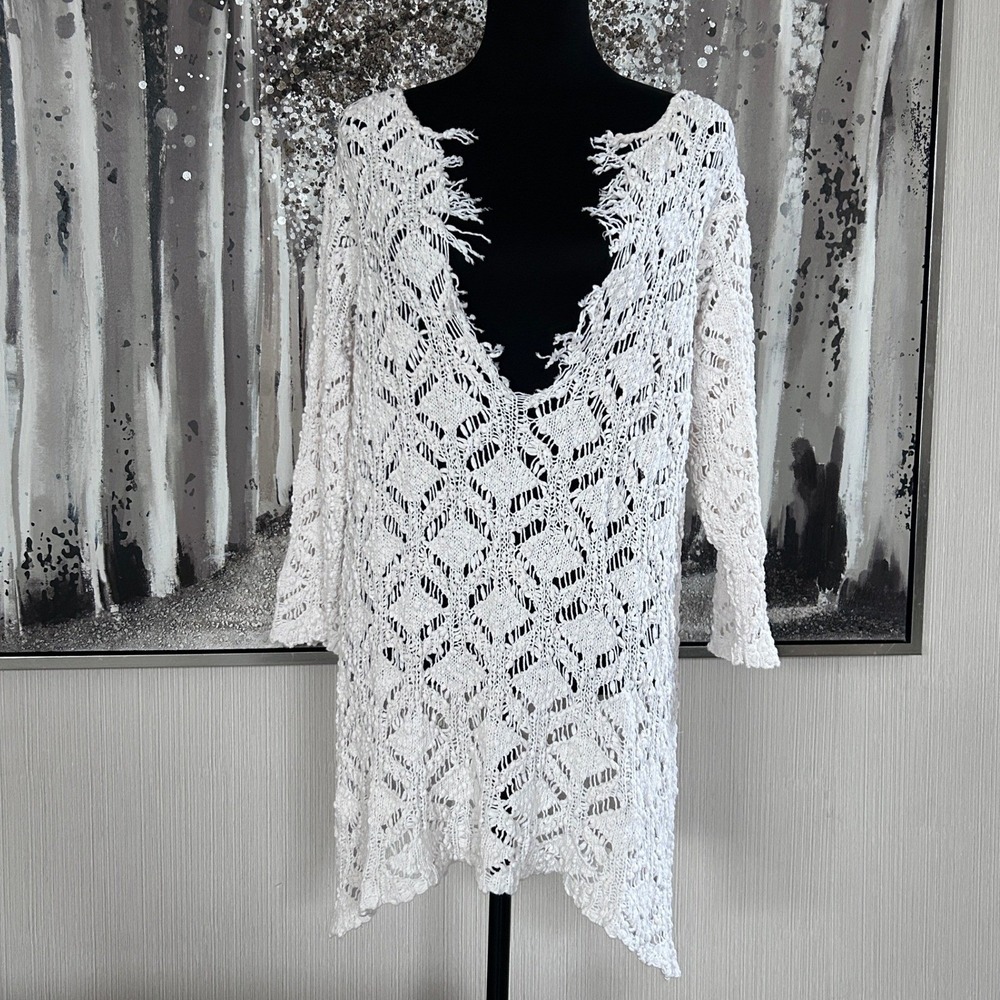 J.Jill Womens White Crochet Open Knit 3/4 Sleeve 100% Cotton Tunic - Large‎